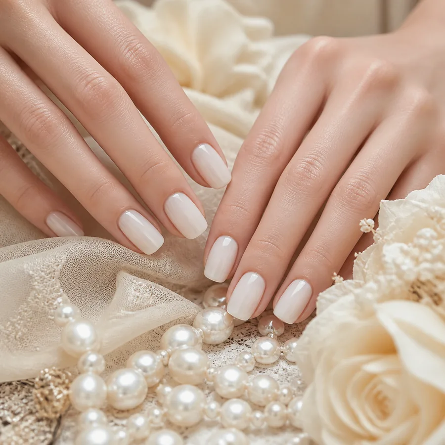 Milky White Nails mit edler Perlendekoration