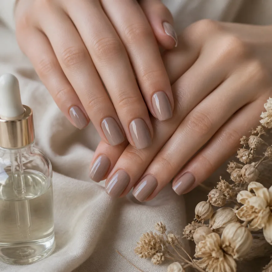 Glänzende Taupe Nails mit Pflegeöl